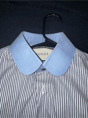 Gucci Men’s Light Blue Collar Navy and White Striped Dress Shirt